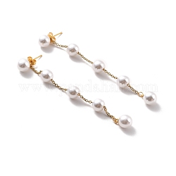 Aretes colgantes de cadena larga con cuentas de perlas de plástico redondas, 304 pendientes colgantes de acero inoxidable para mujer., dorado, 88x8mm, pin: 0.7 mm