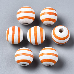 Perles européennes en bois naturel peint, Perles avec un grand trou   , imprimé, rond avec rayure, orange, 16x15mm, Trou: 4mm