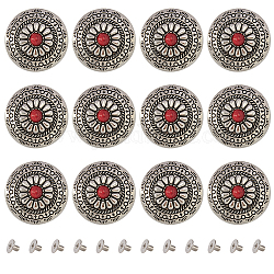 Gorgecraft 12 jeux de rivet à vis solide en alliage et turquoise, avec les accessoires en fer, plat rond avec motif floral, pour les bagages de bricolage et les accessoires de quincaillerie, rouge, 30x8.5mm, Trou: 2.5mm, 12 ensembles / boîte