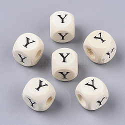 Perles de bois naturel imprimées, trou horizontal, cube avec la lettre initiale, papayawhip, letter.y, 10x10x10mm, Trou: 3.5mm, environ 1000 pcs/500 g
