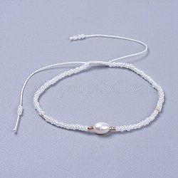 Bracciali di perline intrecciati con filo di nylon regolabile, con perle di semi di vetro e grado perle naturali d'acqua dolce, bianco, 2-1/8 pollice (5.3 cm)