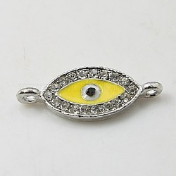 Alloy Rhinestone Links connectors, Cadmium Free & Lead Free, with Enamel, Grade A, Evil Eye, Platinum Color, Yellow, 26x10x2mm, Hole: 2mm