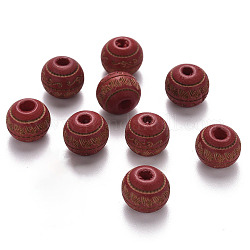 Painted Natural Wood Beads, Laser Engraved Pattern, Round with Leave Pattern, FireBrick, 10x9mm, Hole: 2.5mm