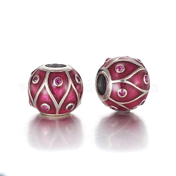 Antique Silver Plated 925 Sterling Silver European Beads, Large Hole Beads, with Cubic Zirconia and Enamel, Carved with 925, Round, Deep Pink, 11.5x10mm, Hole: 4mm