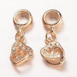 Alliage européen strass breloques pendantes, Pendentifs grand trou, cœur à cœur, or, 27mm, Trou: 5mm, pendentif: 14x9x4.5 mm
