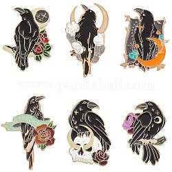 SUNNYCLUE 6Pcs 6 Style Flower & Skull & Moon with Crow Enamel Pins, Golden Alloy Brooches for Backpack Clothes, Mixed Color, 30~36x19~25mm, 1Pc/style