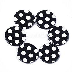 Pendenti in cellulosa acetato (resina), piatta e rotonda con pois, nero, 27.5x2.5mm, Foro: 1.4 mm