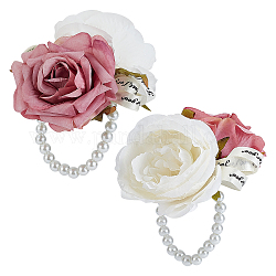 Craspire 2pcs Seidenhandgelenk, mit Stretch-Armbändern aus Kunststoffimitat Blumen und Perlenimitaten, für die Hochzeit, Partydekorationen, Pflaume, 103x93 mm, 2 Stück / Beutel