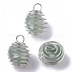 Iron Wrap-around Spiral Bead Cage Pendants, with Natural Green Aventurine Beads inside, Round, Platinum, 21x24~26mm, Hole: 5mm