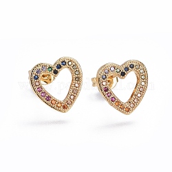 Brass Micro Pave Cubic Zirconia Stud Earrings, Heart, Golden, Colorful, 11.4x11.3x1.7mm, Pin: 0.7mm