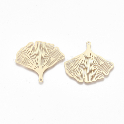 Brass Pendants, Etched Metal Embellishments, Ginkgo Leaf, Light Gold, 30x33x0.3mm, Hole: 1.4mm