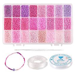 480g 24 Colors Glass Round Seed Beads, Mixed Style, with 1Pc Beading Needles and 2 Rolls Elastic Crystal Thread, Pink, 2mm, 20g/color