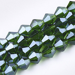 Abalorios de vidrio electroplate hebras, lustre de la perla chapado, facetados, bicono, verde oscuro, 6x5.5~6mm, agujero: 1 mm, aproximamente 44~47 pcs / cadena, 11.02 pulgada