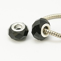 Perles en verre noir à facettes fascinantes de couleur d'argent conviennent bijoux européens breloque de bracelets & collier, environ 14 mm de large, Longueur 9mm, Trou: 5mm