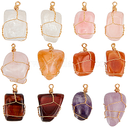 FINGERINSPIRE 12 Pcs Irregular Natural Gemstone Pendant Gold Plated Wire Wrapped Pendants Amethyst Quartz Green Red Aventurine Tiger Eye Pendants Healing Crystal Stone Charms for Jewelry Making