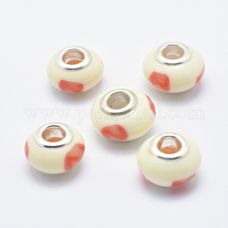 Handgemachte  europäischen Fimo-Perlen, mit versilberten Messingkernen, horizontales Loch, Großloch perlen, Rondelle mit Brief.n, Blumenweiß, 13~16x8~11 mm, Bohrung: 4.5~5 mm