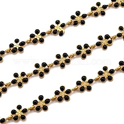 Golden Brass Enamel Link Chain, Long-Lasting Plated, with Spool, Unwelded, Flower, Black, 9x6x1mm, 32.8 Feet(10m)/roll