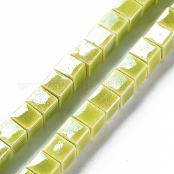 Handmade Porcelain Ceramic Beads Strands, Famille Rose Style, Cube, Yellow Green, 6mm, Hole: 2mm, about 51~52pcs/strand, 11.73~12.32 inch(29.8~31.3cm)