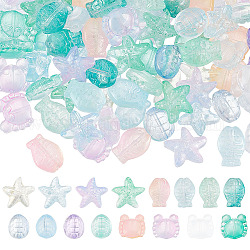 Arricraft 128 Uds 4 colores 4 estilos océano tema transparente spray pintado cuentas de vidrio, formas mixtas, color mezclado, 12~14x10~14x5.5~7mm, agujero: 1 mm, 8 piezas / color
