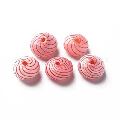 Perles de globe en verre soufflé faites à la main, rayure, plat rond, rouge, 15~16x9~10mm, Trou: 1~2mm