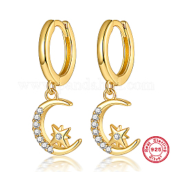 925 Sterling Silver Dangle Hoop Earrings, Moon with Star, Real 18K Gold Plated, 22x8mm