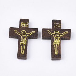Gedruckte Holzanhänger, Kruzifix Kreuz, für Ostern, gefärbt, Kokosnuss braun, 32.5~33.5x21~22x4.5 mm, Bohrung: 2 mm