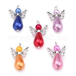 ABS Plastic & Acrylic Imitation Pearl Angel Pendants, with Alloy Wing Beads, for Wedding Decoration, Antique Silver, 29x18x10mm, Hole: 2mm