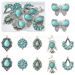 DIY Jewelry Making Finding Kit, Including 12Pcs 6 Styles Synthetic Turquoise Dyed Pendants & Connector Charms, with Alloy Findings,  Flower & Bird & Teardrop & Butterfly, Antique Silver, 25~52.5x24~49.5x4~6.5mm, Hole: 1.8~3mm,  2Pcs/style