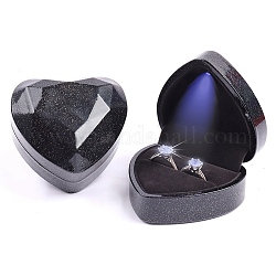 Boîtes de rangement pour bagues de couple en plastique en forme de cœur à paillettes, coffret cadeau pour bague à bijoux avec intérieur en velours et lumière LED, noir, 7.15x6.4x4.35 cm