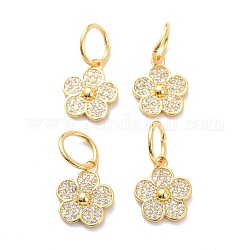 Brass Micro Pave Clear Cubic Zirconia Charms, with Jump Ring, Long-Lasting Plated, Flower, Real 18K Gold Plated, 15x13x3mm, Jump Ring: 10x1mm, 7.5mm Inner Diameter