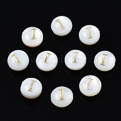 Perles de coquillages naturels d'eau douce, avec ornements en métal gravé en laiton doré, plat rond avec la lettre, couleur de coquillage, letter.i, 6x4mm, Trou: 0.8mm