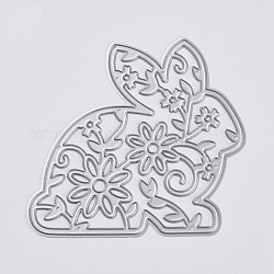 バニー炭素鋼切削ダイステンシル  DIYスクラップブッキング/フォトアルバム用  装飾的なエンボス紙カード  花とフィリグリーウサギ  マットプラチナカラー  7.45x7.85cm