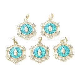 Rack Plating Brass Micro Pave Clear Cubic Zirconia Pendants, with Synthetic Opal, Cadmium Free & Lead Free, Long-Lasting Plated, Real 18K Gold Plated, Flat Round, Heart, 23x19.5x3mm, Hole: 6x4mm