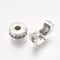 Aleación cierres europa, Abalorios de grande agujero, con diamante de imitación, plano y redondo, Platino, rosa luz, 10.5x6mm, agujero: 3 mm