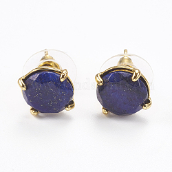 Lapis naturelles de boucles d'oreille lazuli, avec les accessoires en laiton de tonalité d'or, plat rond à facettes, 11 mm, broches: 0.8 mm