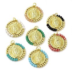Rack Plating Brass pendants, with Glass Beads, Lead Free & Cadmium Free, Flat Round with Saint Charm, Real 18K Gold Plated, 23.5x24x3mm