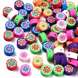 Handmade Polymer Clay Beads, Flat Round with Flower & Smiling Face, Mixed Color, 9.5x4.5mm, Hole: 1.5mm