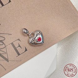 Rhodium Plated 925 Sterling Silver Enamel European Dangle Charms, Large Hole Pendants, Heart with Word Mom, Real Platinum Plated, 20mm, Hole: 4.2mm