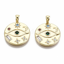 Brass Micro Pave Colorful Cubic Zirconia Pendants, Nickel Free, Flat Round with Eye & Moon & Star & Sun, Real 18K Gold Plated, 22x17x2mm, Hole: 2x3mm