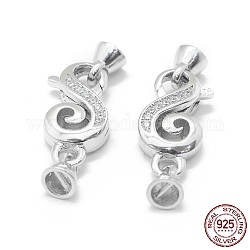 Rhodium Plated 925 Sterling Silver Fold Over Clasps, with Cubic Zirconia, with 925 Stamp, Clear, Platinum, 28.5mm, Clasp: 19.5x9.5x4.5mm, Cord End: 6.5x5mm, Inner Diameter: 3.5mm