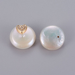 Culture des perles perles d'eau douce naturelles, avec les accessoires de zircons en laiton, plat et circulaire avec coeur, or, 13.5~15x6~7mm, Trou: 0.8mm