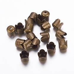 Iron Bead Caps, Flower, 4-Petal, Nickel Free, Antique Bronze, about 6.5mm in diameter, 7mm thick, hole: 1mm