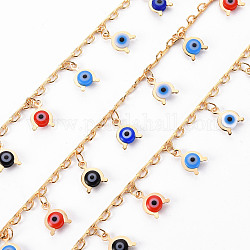 Handmade Brass Chains, with Enamel Acrylic Beads, Soldered, Spool, Evil Eye, Real 18K Gold Plated, Colorful, 3x2x0.5mm and 3.5x1x0.5mm, about 16.4 Feet(5m)/roll