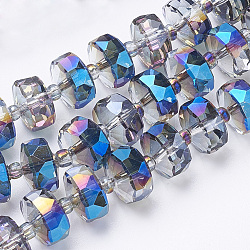Hilos de perlas de vidrio electroplat, arco iris chapado, facetados, rerondana plana, azul, 8x5mm, agujero: 1.2 mm, aproximamente 80 pcs / cadena, 22.83 pulgada