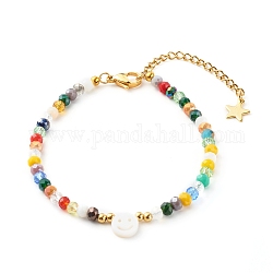 Electroplate Glass Beaded Bracelets, with Smiling Face Shell Beads, Colorful, 7-1/2 inch(19.2cm)
