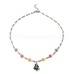 Weihnachtsbaum-Halskette mit Bunte Malerei-Anhänger und Glassamen-Blumenketten für Frauen, Farbig, 17.72 Zoll (45 cm)