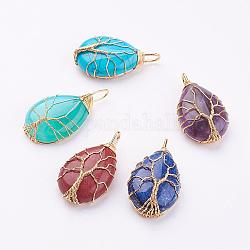 Mixed Stone Pendants, with Brass Findings, teardrop, Golden, 44~46x26x12~13mm, Hole: 4x7mm
