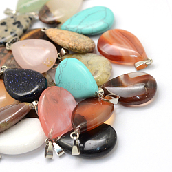 Teardrop Natural & Synthetic Mixed Stone Pendants, with Platinum Tone Brass Findings, 25~29x16~17x5~6mm, Hole: 2x7mm
