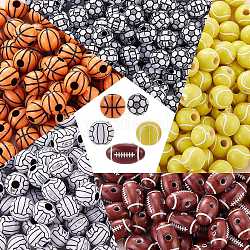 500 pièces 5 perles acryliques de style artisanal, perles de sport, volley & basket & rugby & tennis & football, couleur mixte, 10~18x9.5~10.5mm, Trou: 2~4mm, 100 pièces / style