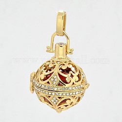 Golden Tone Brass Rhinestone Hollow Round Cage Pendants, Chime Ball Pendants, with No Hole Spray Painted Brass Round Ball Beads, Red, 33x27x25mm, Hole: 3x8mm
